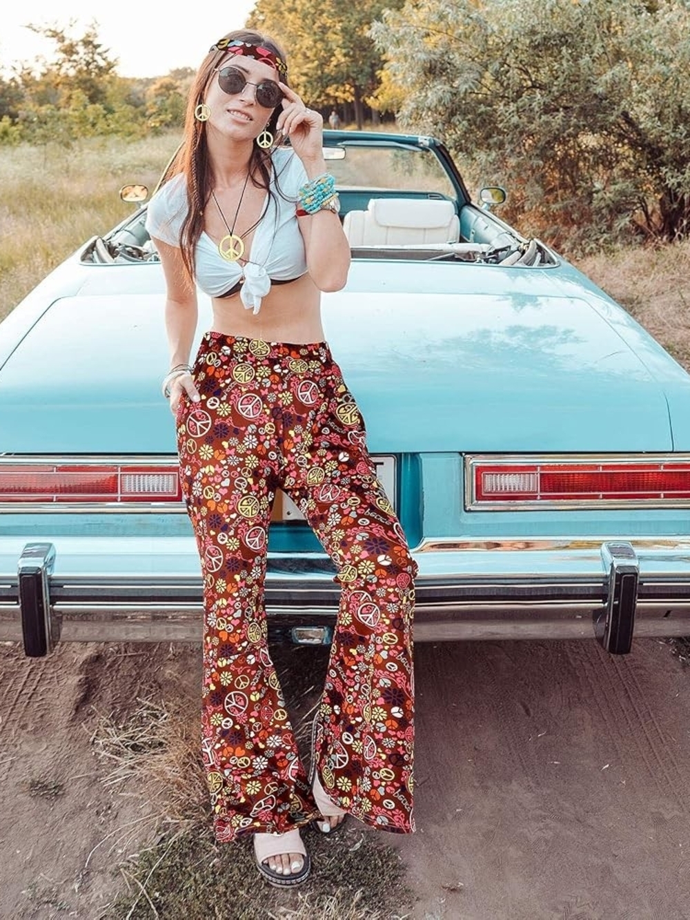 Retro 70s Peace Sign Bell Bottom Flare Pants Small Hippie Festival Costume